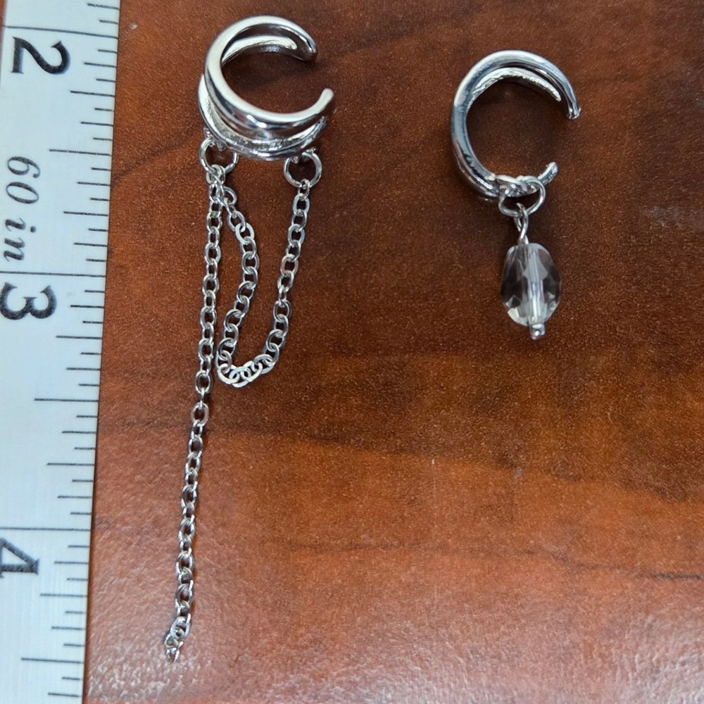 Silver Tone Ear Cuff Set Chain and Crystal Dangle Non Pierced Earrings